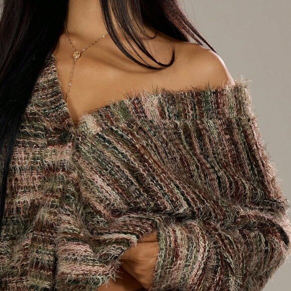 Casual Women's Oversized Textured Stripe Knit Sweater cardigan - Picture 2 of 5